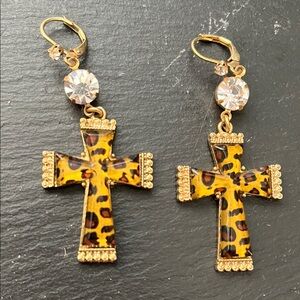 Betsey Johnson Vintage Leopard Print Cross Earrings with Gold Accents Pierced
